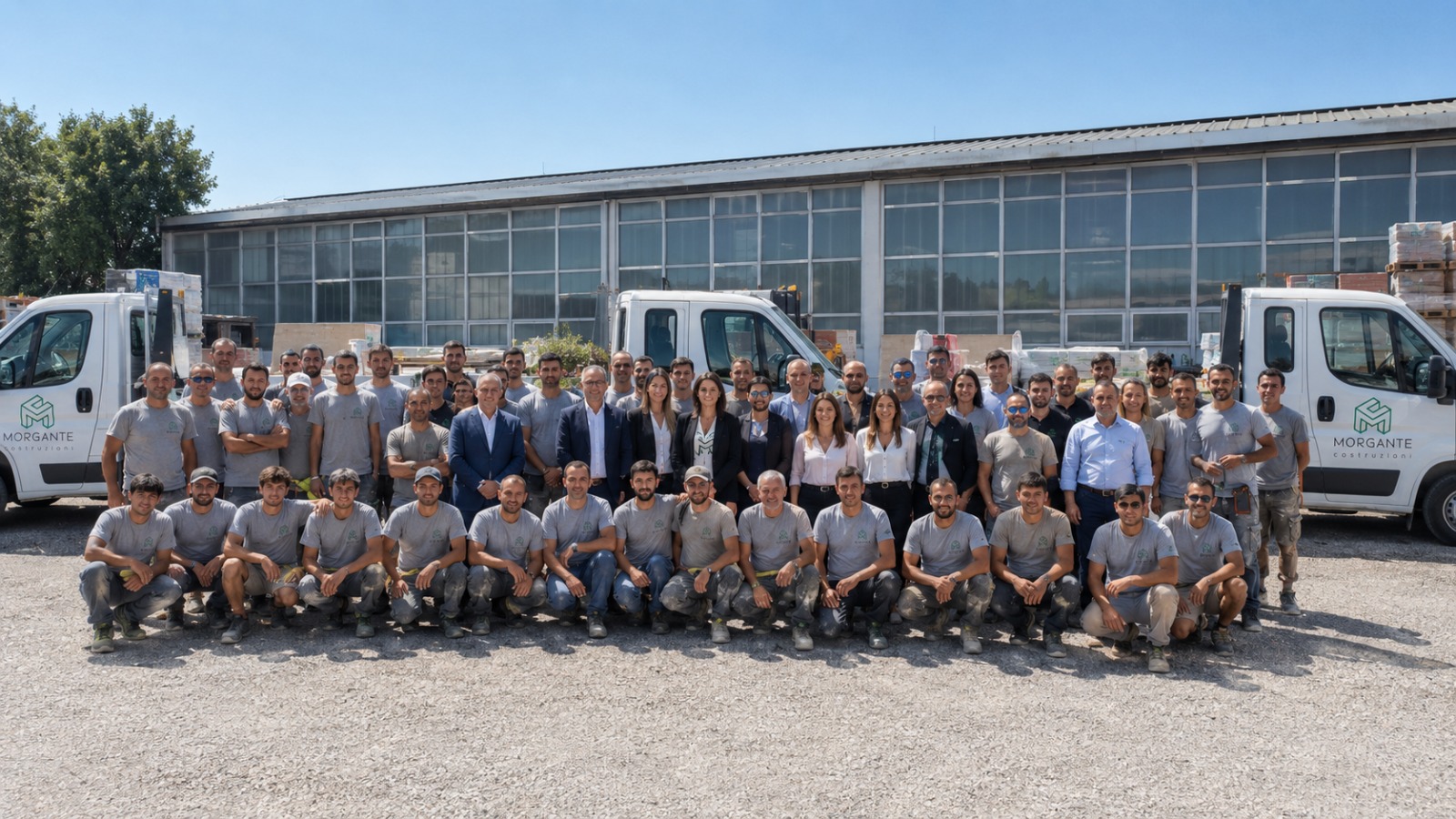 La squadra Morgante riunita davanti alla sede e ai mezzi aziendali